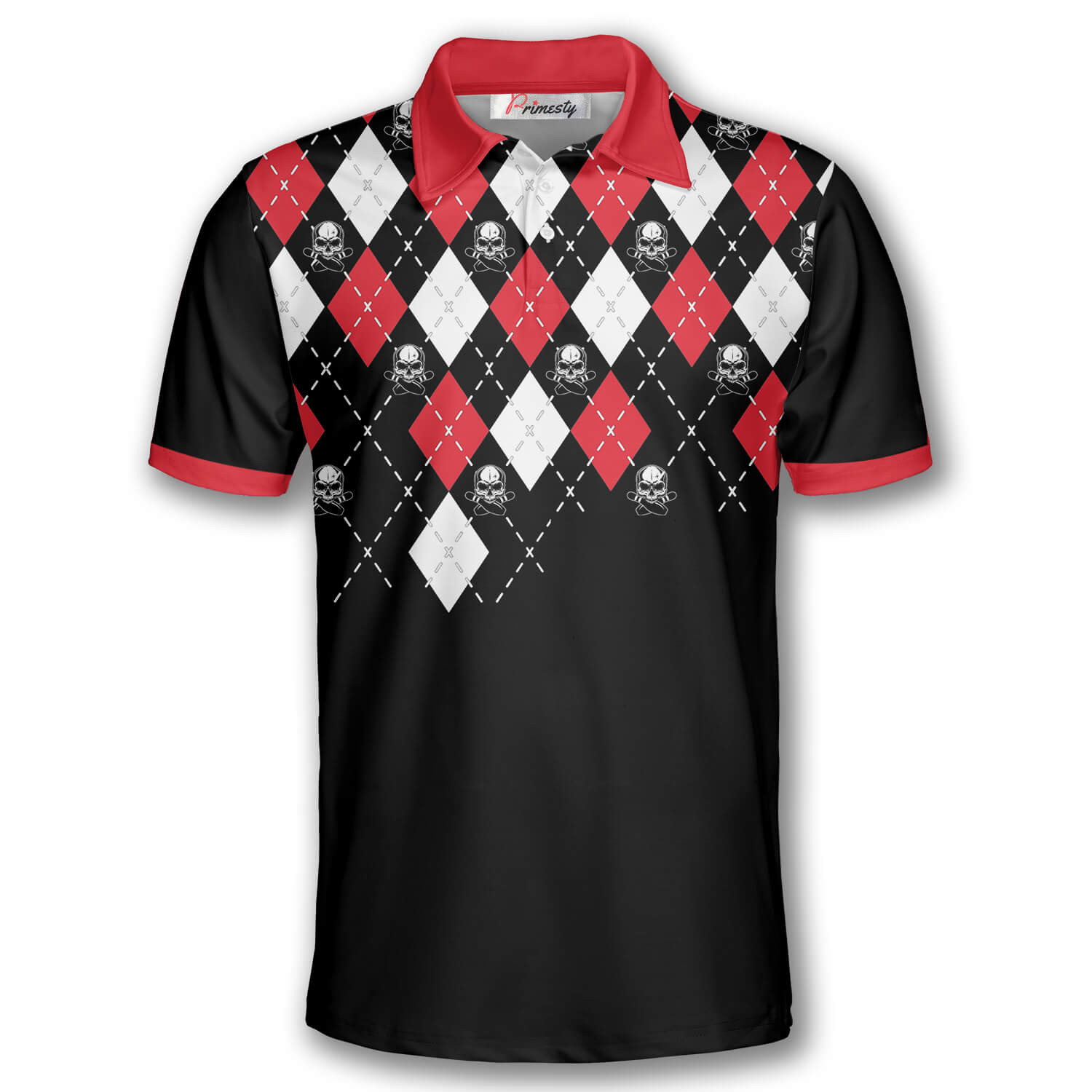 Bowling Skull Argyle Red Pattern Custom Polo Bowling Shirts for Men