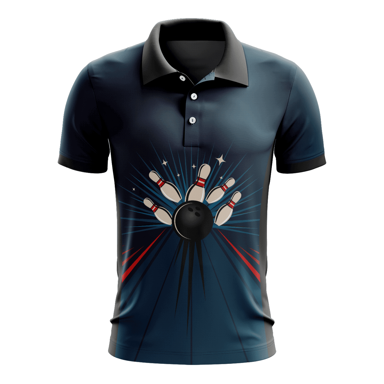 Bowling Strike Navy Blue Background Bowling Shirts for Men Bowling Polo Shirt