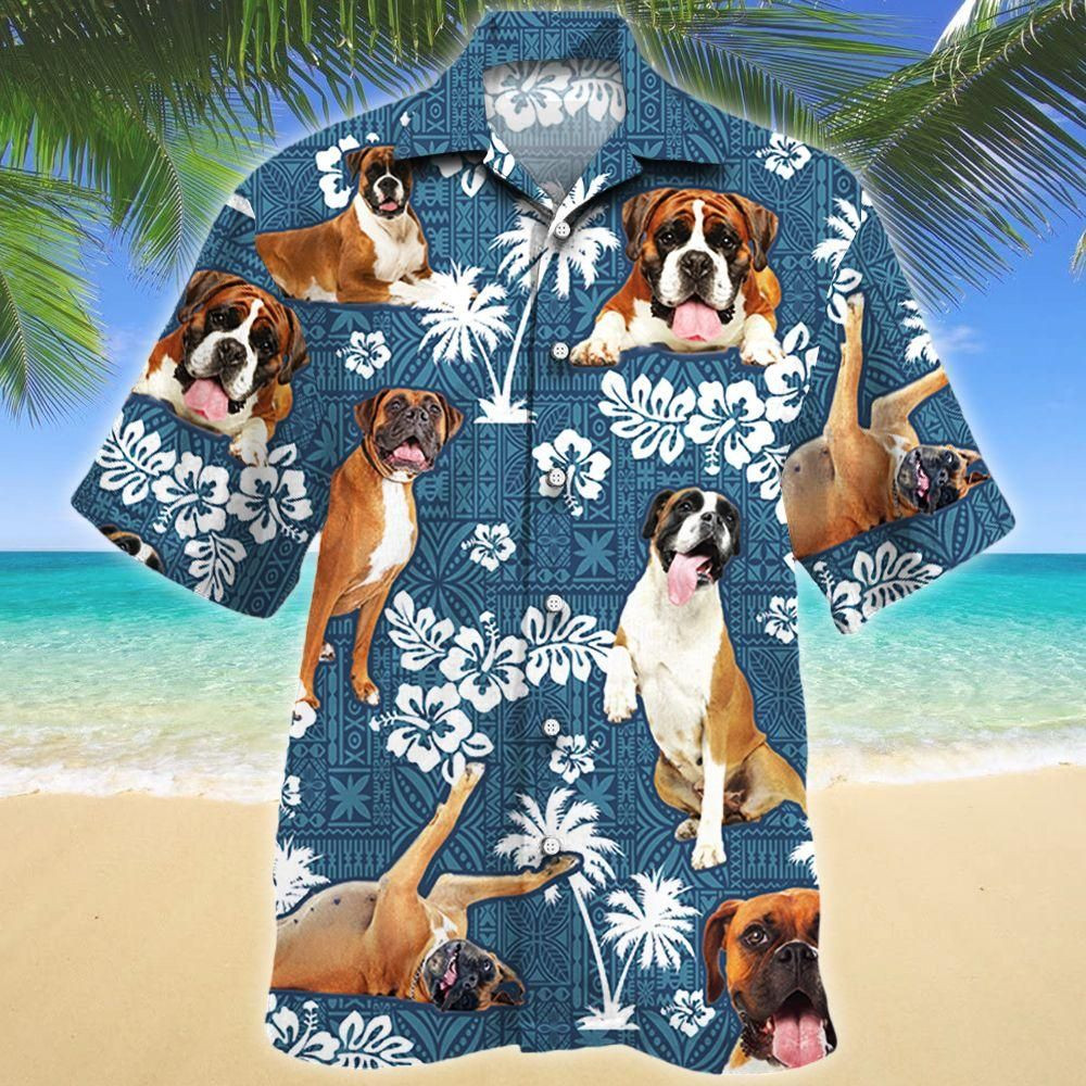 Boxer Dog Blue Tribal Aloha Hawaiian Shirt Colorful Short Sleeve Summer Beach Casual Shirt For Men And Women