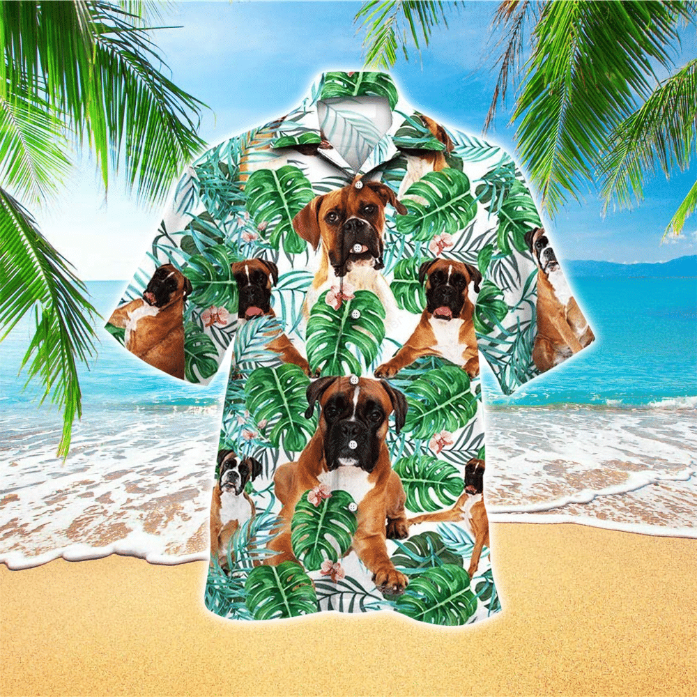 Boxer Dog Looking At You Tropical Plant Hawaiian Shirt for Men and Women