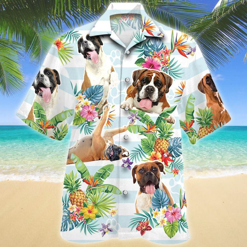Boxer Dog Tropical Flower Aloha Hawaiian Shirt Colorful Short Sleeve Summer Beach Casual Shirt For Men And Women