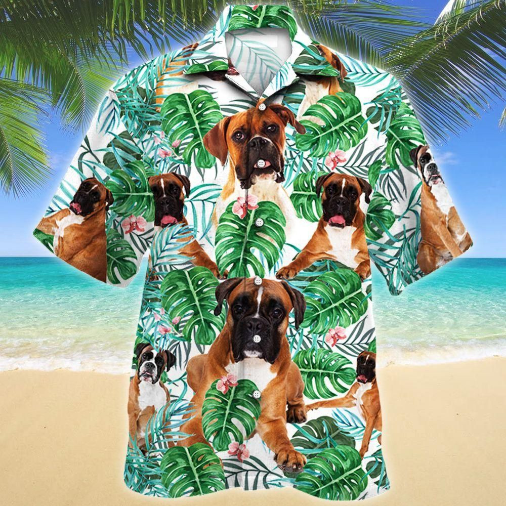 Boxer Dog Tropical Plant Aloha Hawaiian Shirt Colorful Short Sleeve Summer Beach Casual Shirt For Men And Women