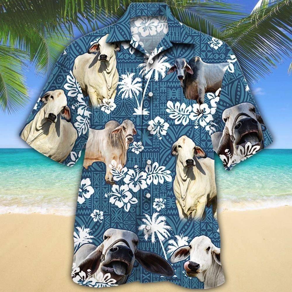 Brahman Cattle Lovers Blue Tribal Aloha Hawaiian Shirt Colorful Short Sleeve Summer Beach Casual Shirt For Men And Women