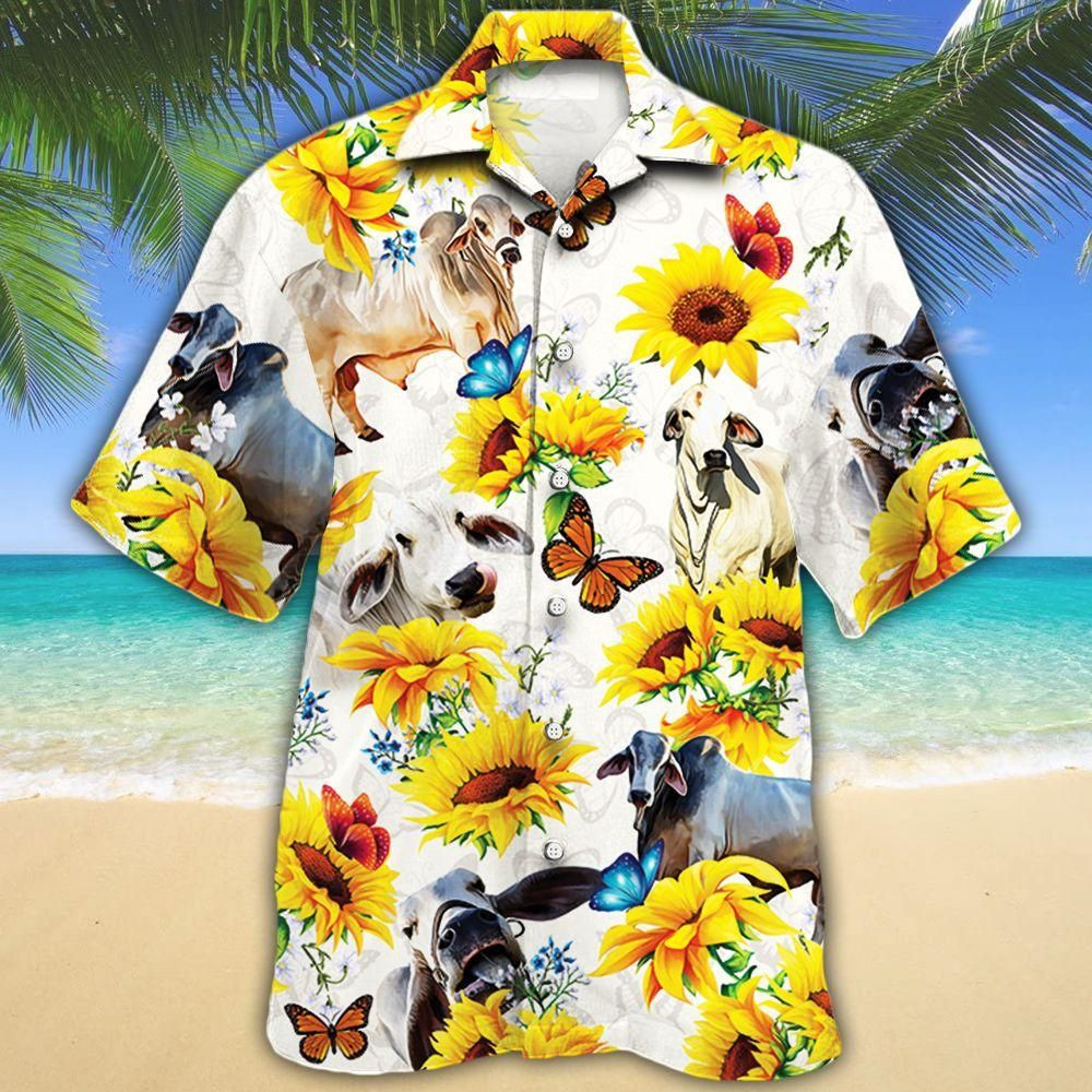 Brahman Cattle Lovers Sun Flower Aloha Hawaiian Shirt Colorful Short Sleeve Summer Beach Casual Shirt For Men And Women