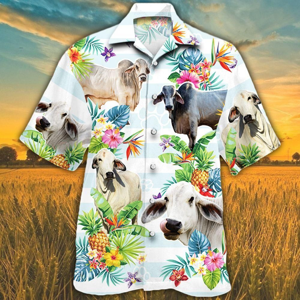 Brahman Cattle Lovers Tropical Flower Aloha Hawaiian Shirt Colorful Short Sleeve Summer Beach Casual Shirt For Men And Women