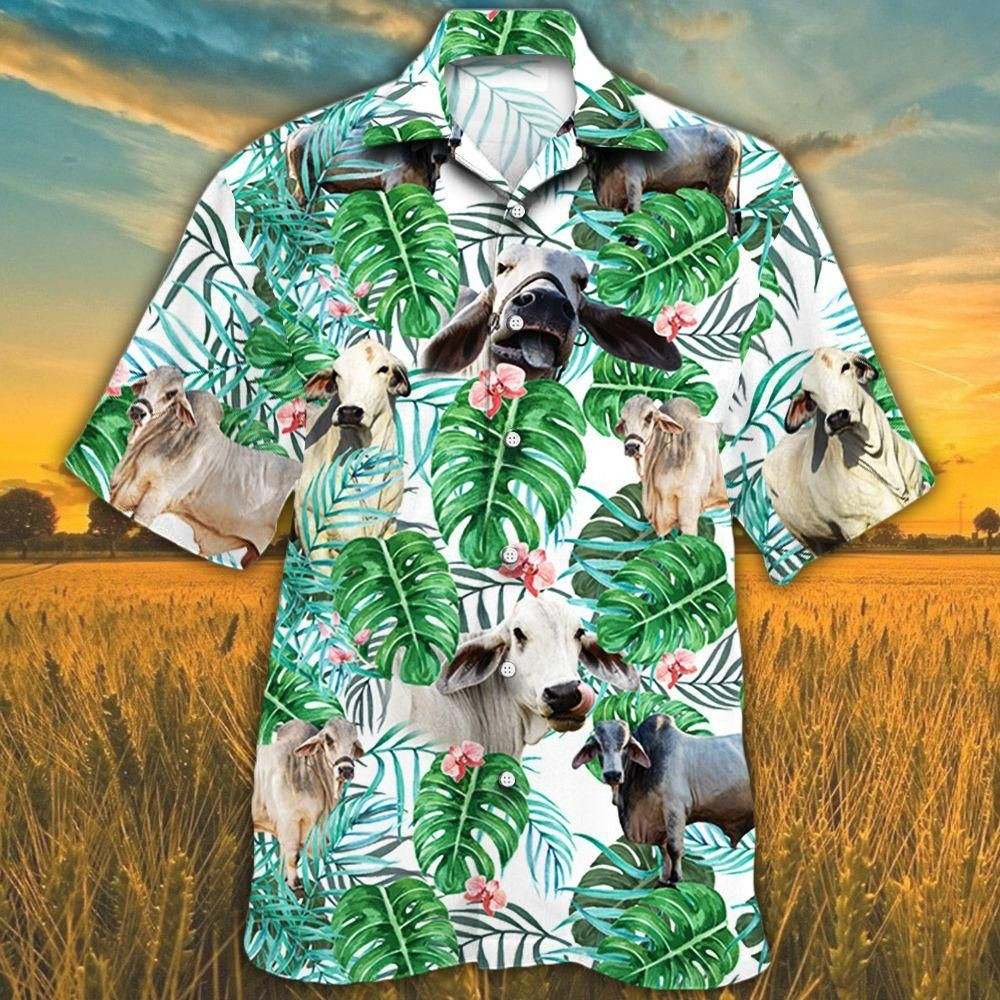 Brahman Cattle Lovers Tropical Plant Aloha Hawaiian Shirt Colorful Short Sleeve Summer Beach Casual Shirt For Men And Women