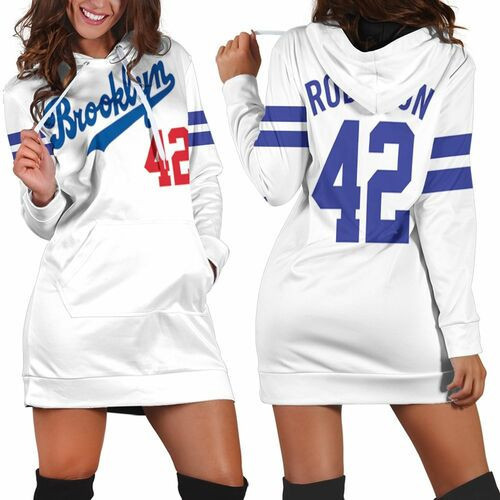 Brooklyn Dodgers Jackie Robinson 42 Mlb White Jersey Inspired Style Hoodie Dress Sweater Dress Sweatshirt Dress