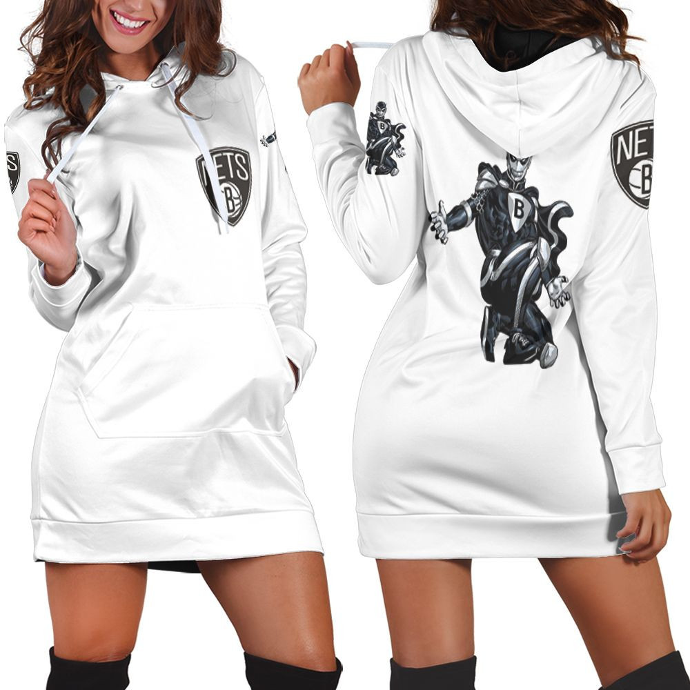Brooklyn Nets Basketball Classic Mascot Logo Gift For Nets Fans White Hoodie Dress Sweater Dress Sweatshirt Dress