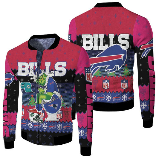 Buffalo Bills Christmas Grinch In Toilet Knitting Pattern Fleece Bomber Jacket