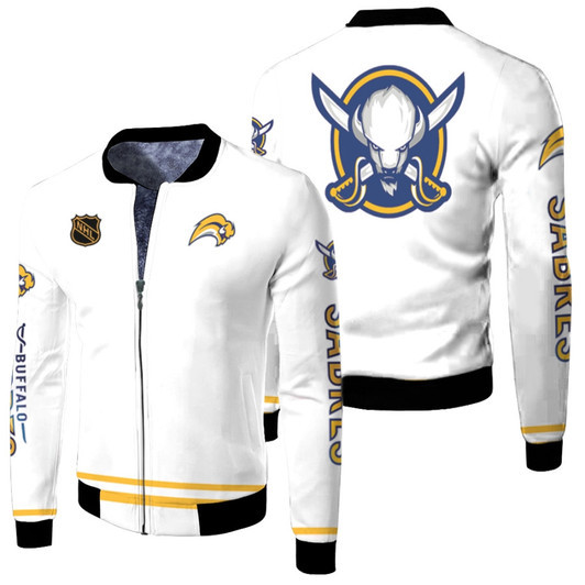 Buffalo Sabres Nhl Ice Hockey Team Sabretooth Logo Mascot White Fleece Bomber Jacket