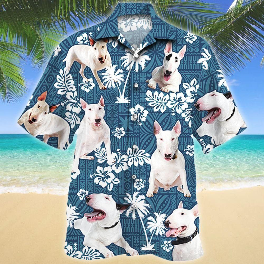 Bull Terrier Dog Blue Tribal Aloha Hawaiian Shirt Colorful Short Sleeve Summer Beach Casual Shirt For Men And Women