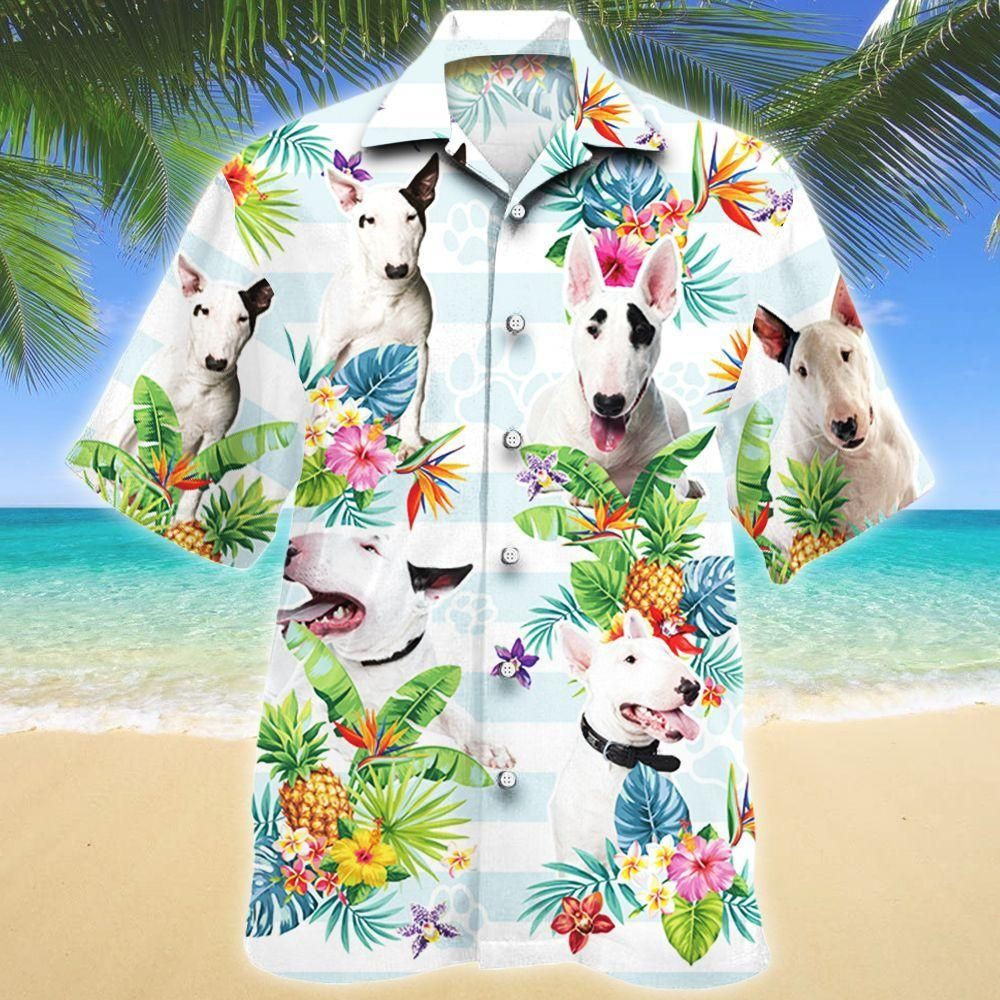 Bull Terrier Dog Tropical Flower Aloha Hawaiian Shirt Colorful Short Sleeve Summer Beach Casual Shirt For Men And Women