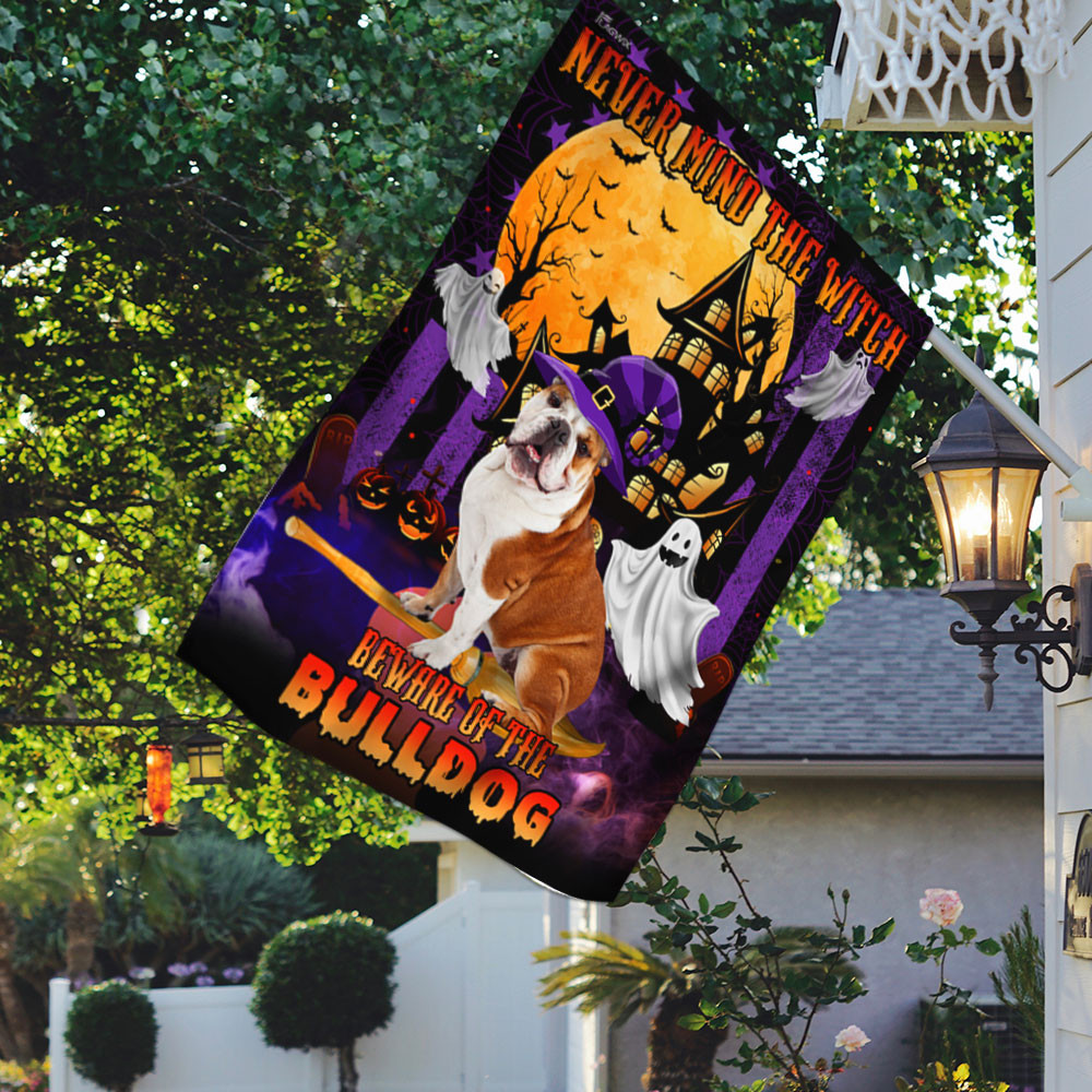 Bulldog Halloween Flag With Never Mind The Witch Beware Of The BullDog Halloween Outdoor Decor