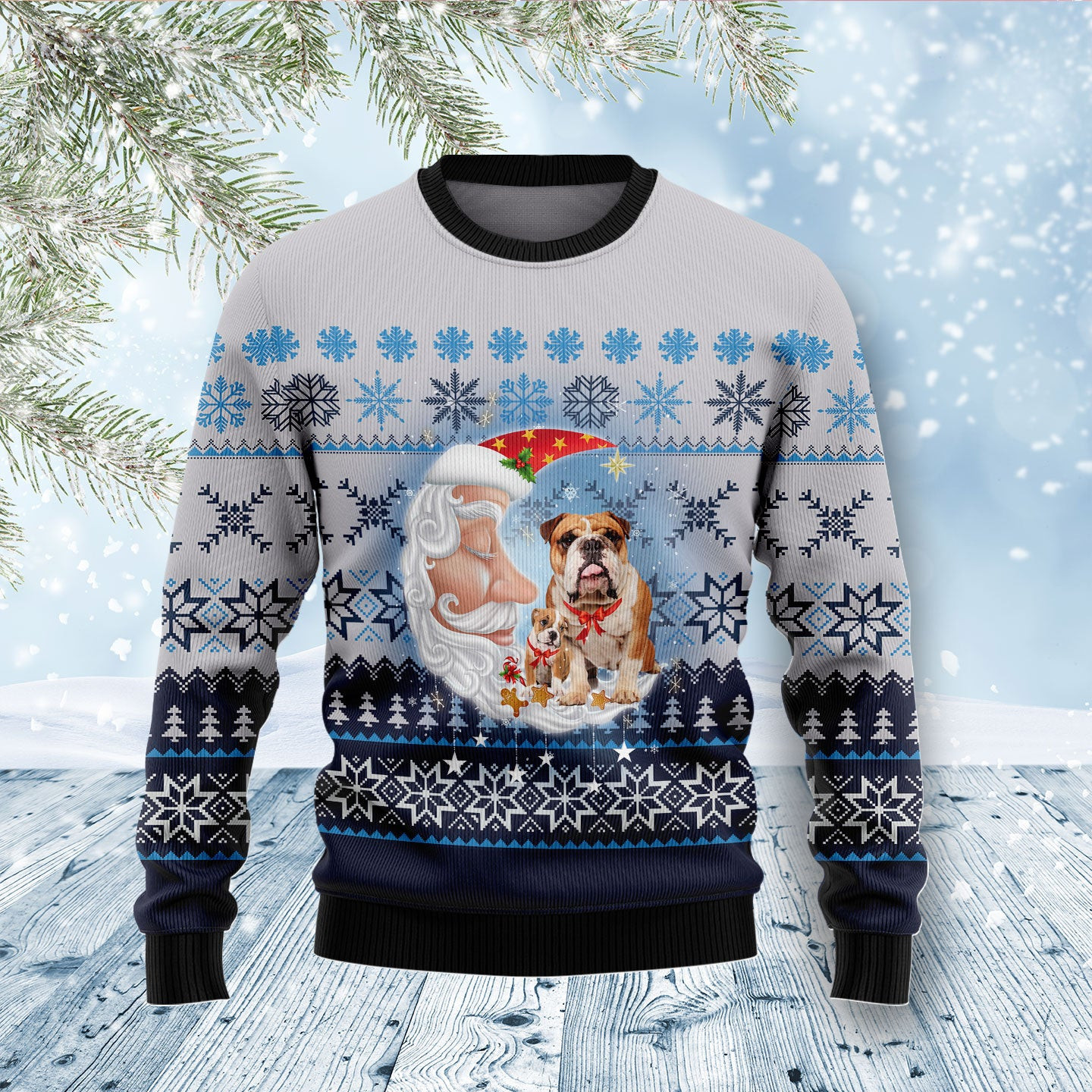 Bulldog Love Santa Moon Ugly Christmas Sweater, Ugly Sweater For Men Women, Holiday Sweater