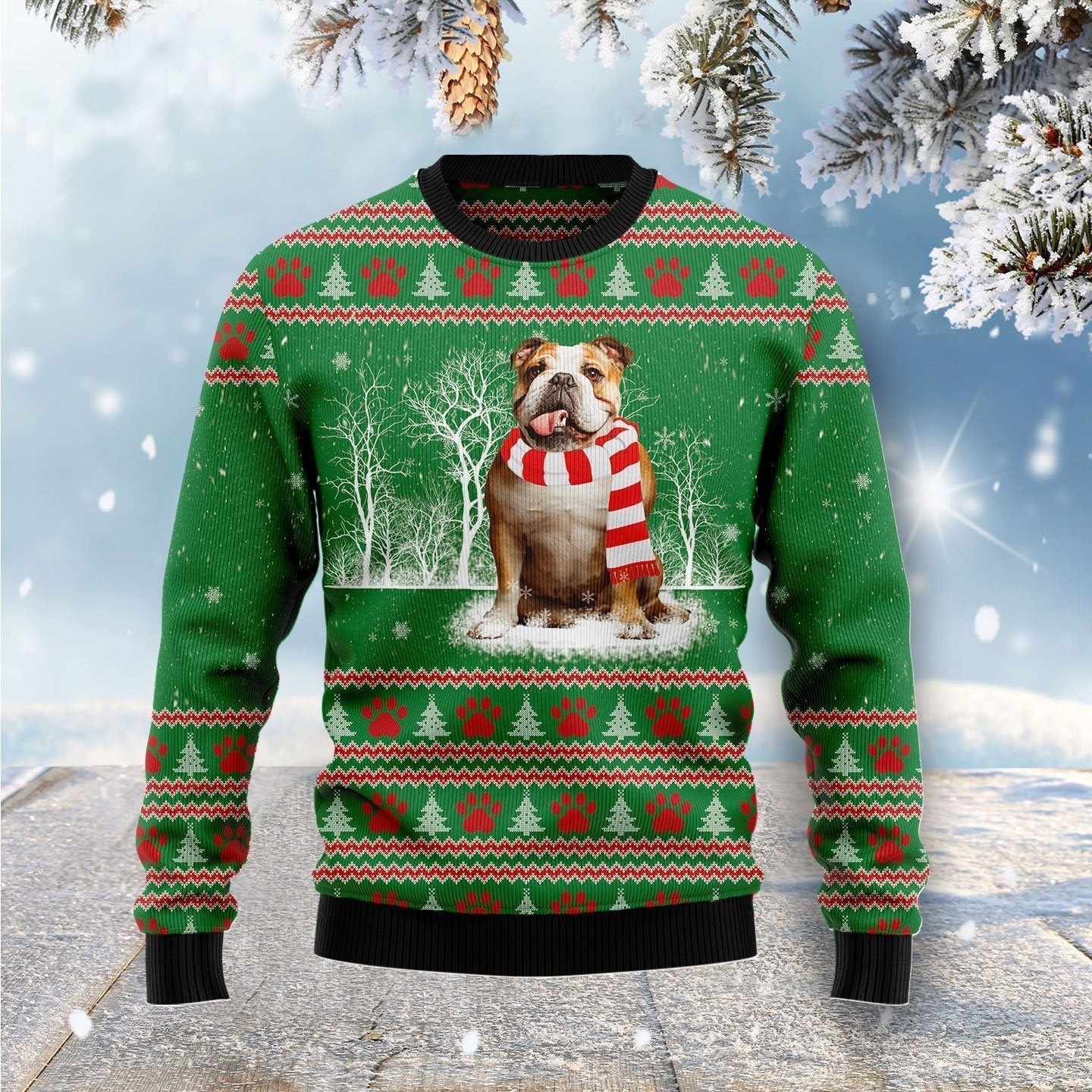 Bulldog Winter Tree Ugly Christmas Sweater