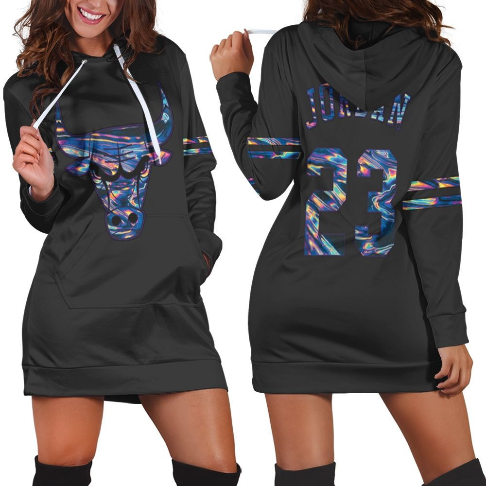 Bulls Michael Jordan Iridescent Holographic Black Jersey Inspired Hoodie Dress Sweater Dress Sweatshirt Dress