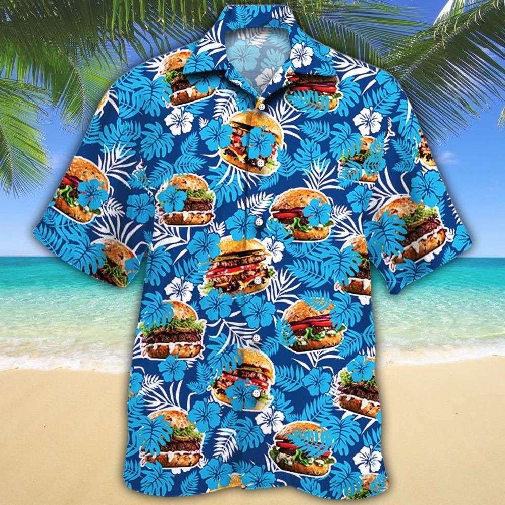 Burger Lovers Blue Floral Aloha Hawaiian Shirt Colorful Short Sleeve Summer Beach Casual Shirt For Men And Women