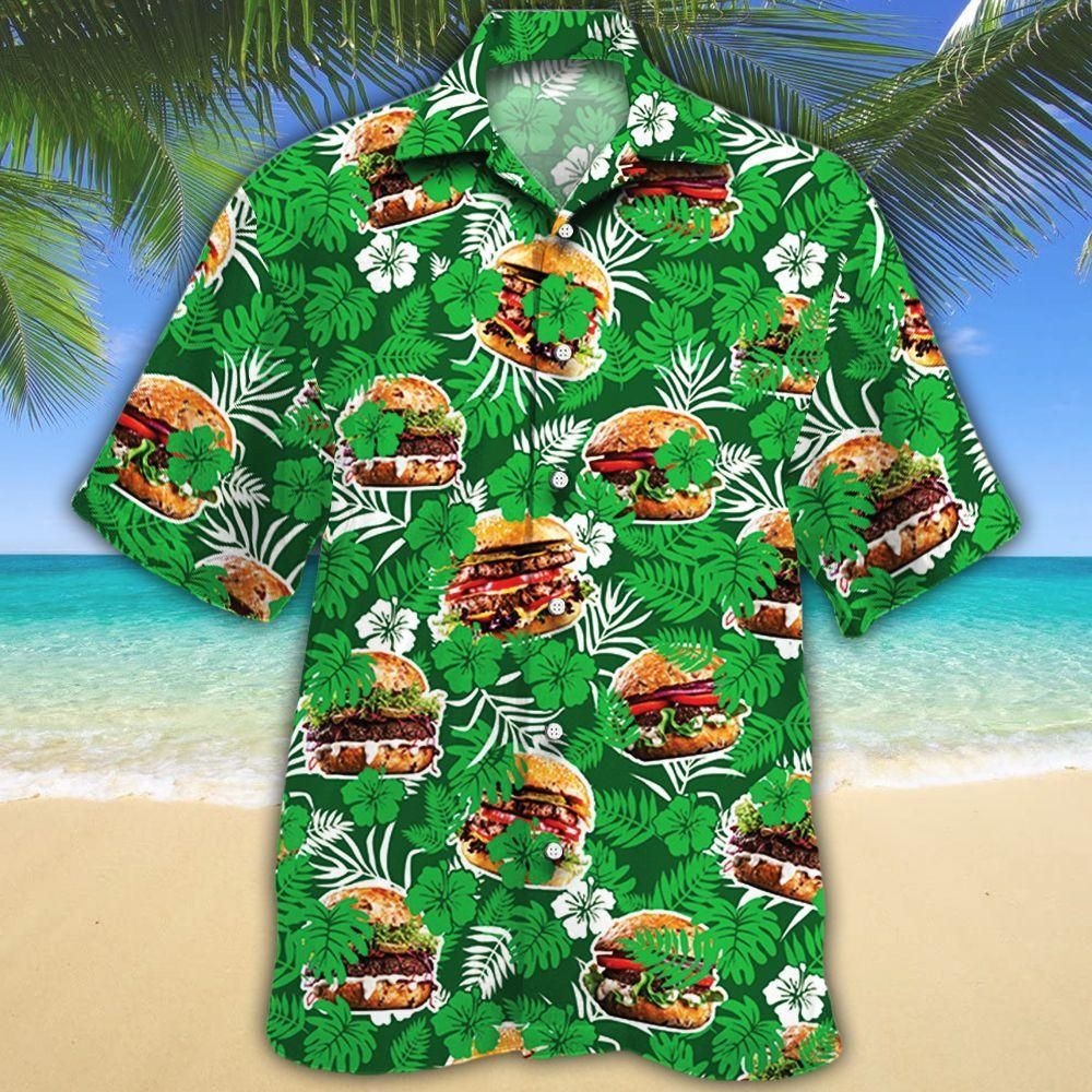 Burger Lovers Green Floral Aloha Hawaiian Shirt Colorful Short Sleeve Summer Beach Casual Shirt For Men And Women