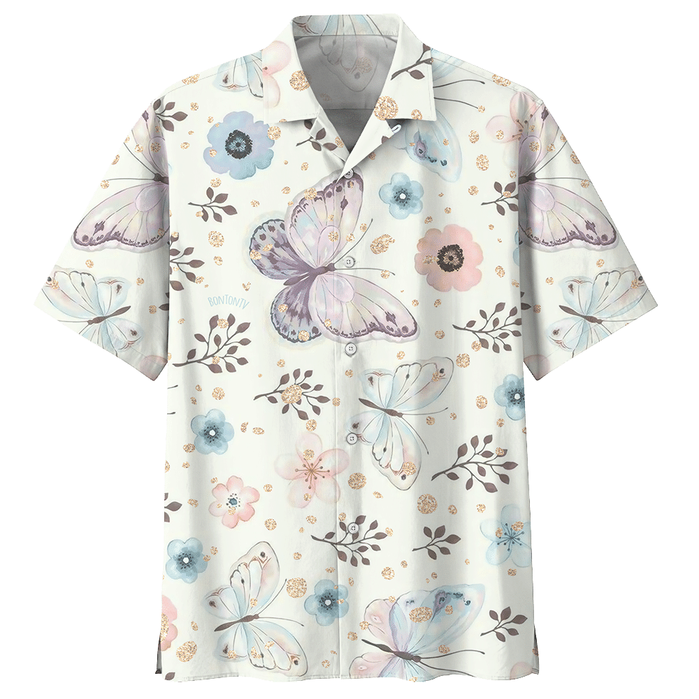 Butterfly And Flower Aloha Hawaiian Shirt Colorful Short Sleeve Summer Beach Casual Shirt For Men And Women