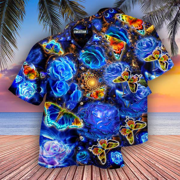 Butterfly Flower Glowing Blue Rose Edition - Hawaiian Shirt - Hawaiian Shirt For Men