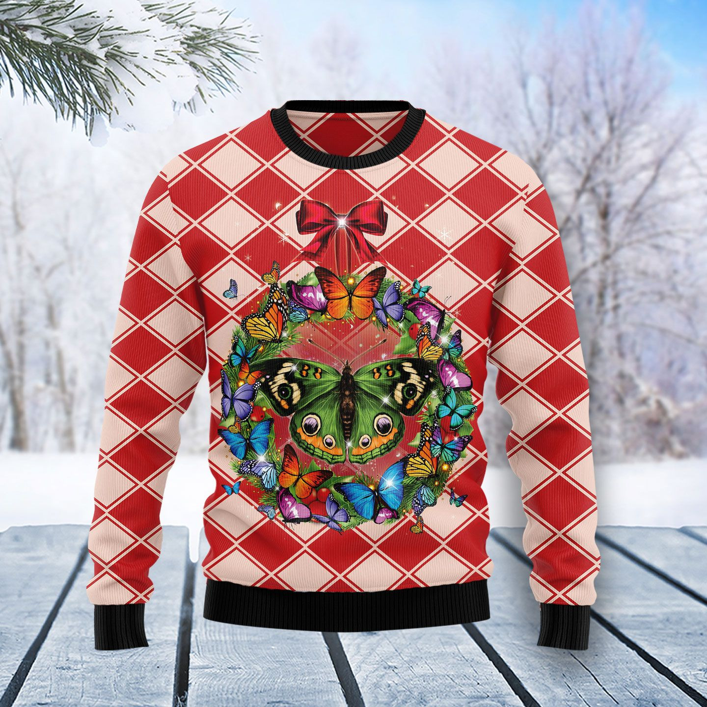 Butterfly Wreath Ugly Christmas Sweater Ugly Sweater For Men Women