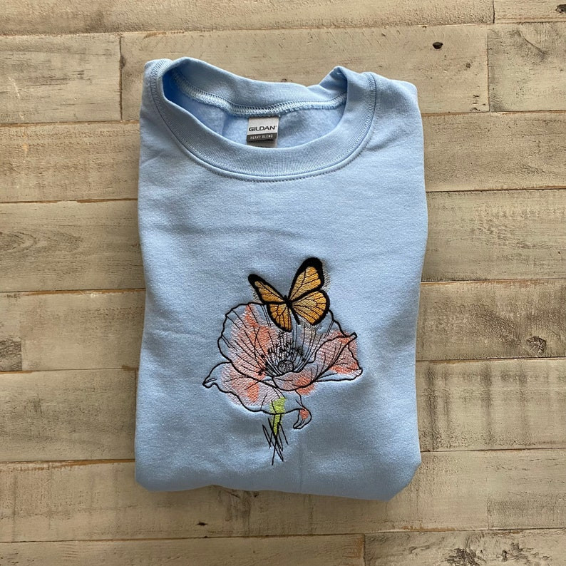 Butterfly and Poppy Embroidered Crewneck- Butterfly sweatshirt - Trendy Crewneck