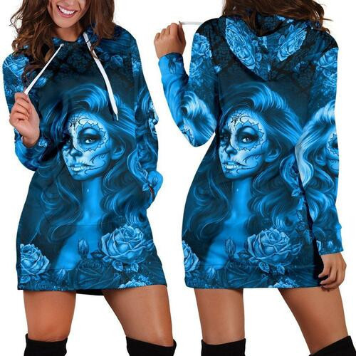 Calavera Blue Hoodie Dress Sweater Dress Sweatshirt Dress 3d All Over Print For Women Hoodie