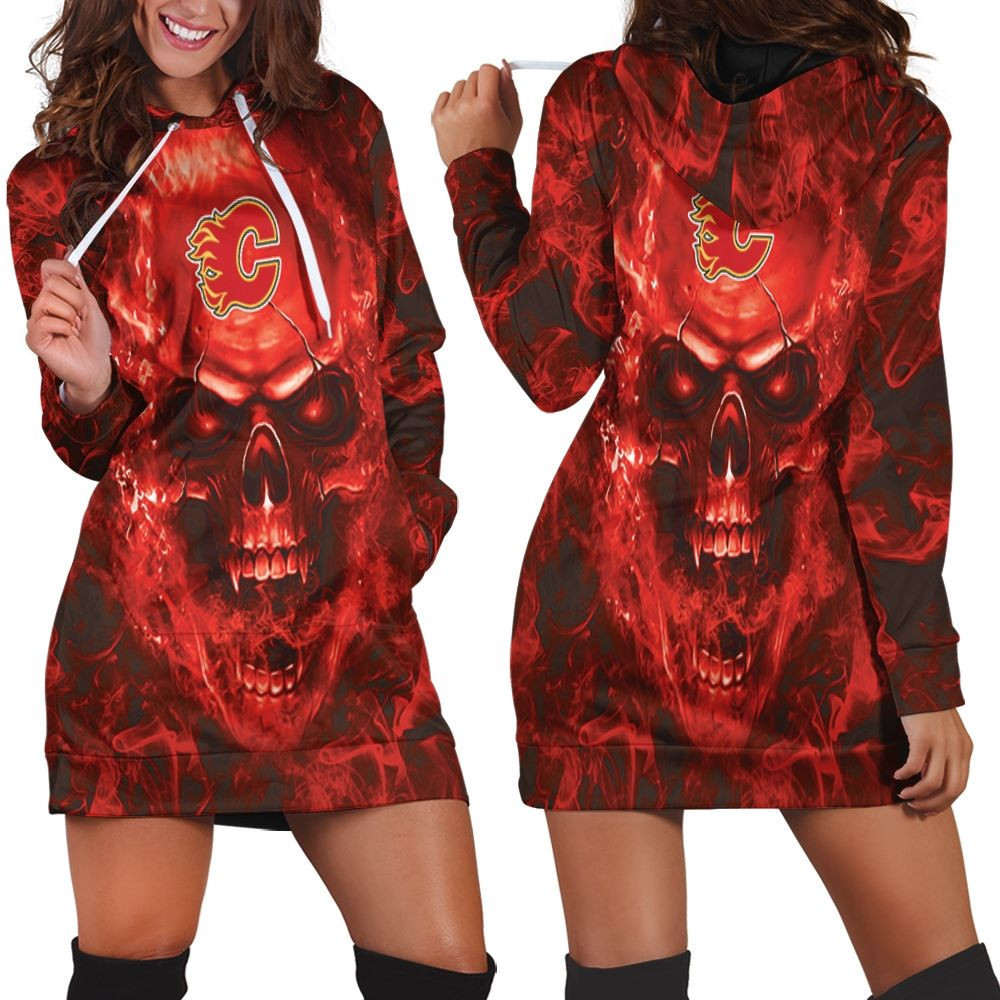 Calgary Flames Nhl Fans Skull Hoodie Dress Sweater Dress Sweatshirt Dress
