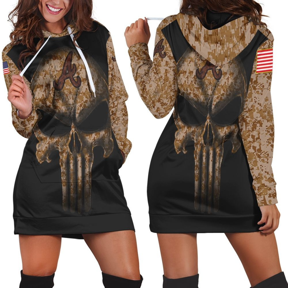 Camouflage Skull Atlanta Braves American Flag Hoodie Dress Sweater Dress Sweatshirt Dress