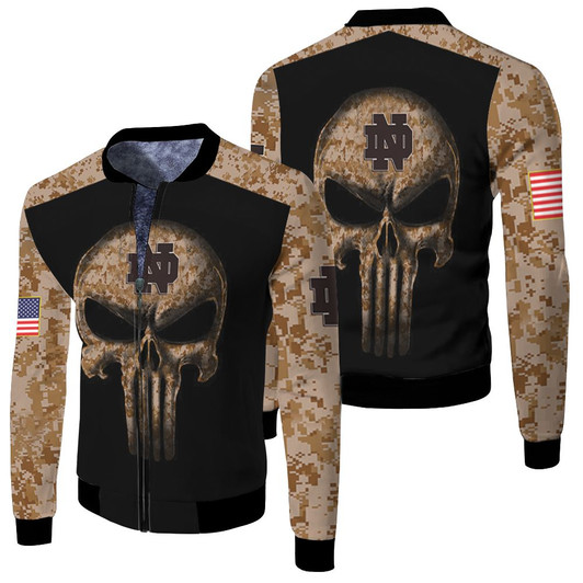 Camouflage Skull Notre Dame Fighting Irish American Flag Fleece Bomber Jacket