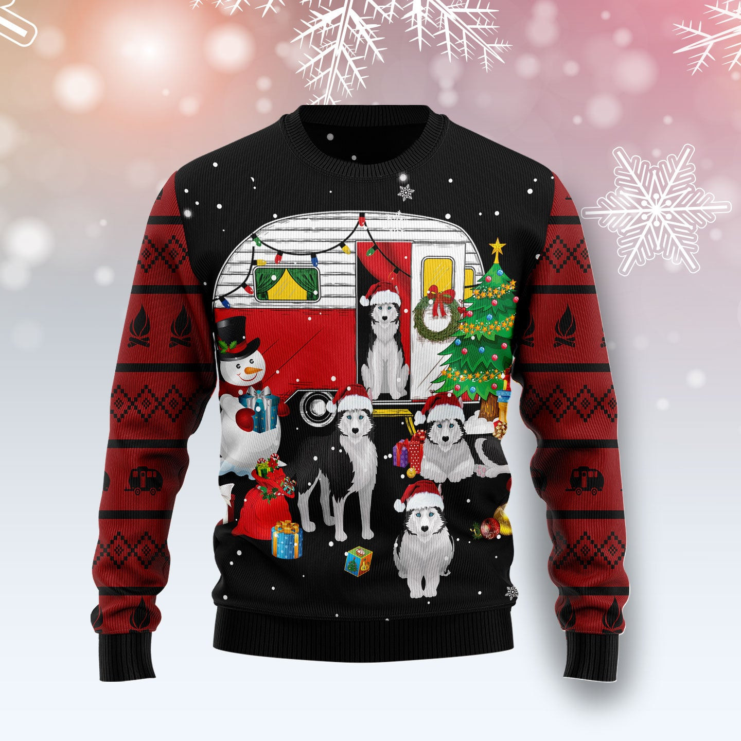 Camping Car And Siberian Husky Ugly Christmas Sweater, Ugly Sweater For Men Women, Holiday Sweater
