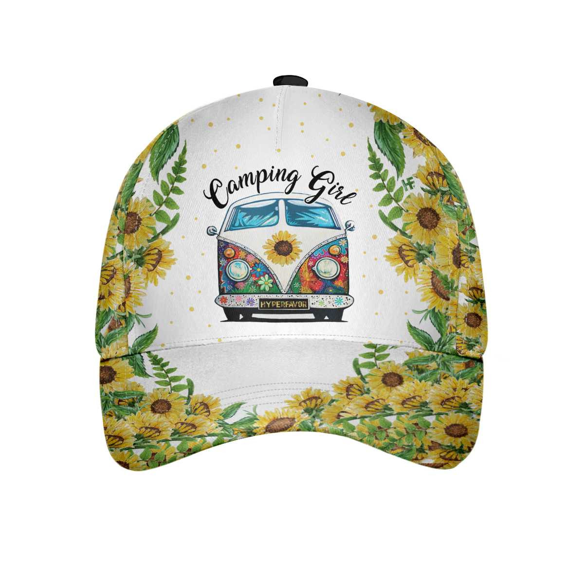 Camping Girl Classic Cap Sunflower Pattern  Hippie Van Camping Baseball Cap