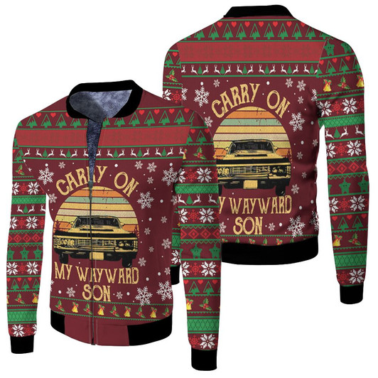 Carry On My Wayward Son Supernatural Retro Ugly Christmas Fleece Bomber Jacket