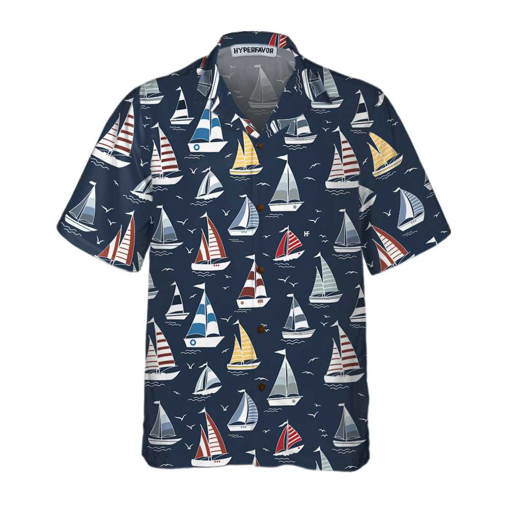 Cartoon Boat Pattern Hawaiian Shirt Short Sleeve Sailboat Shirt Unique Nautical Shirt