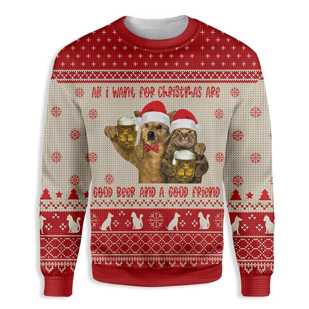 Cat All I Want For Christmas Are Good Beer And A Good Friend Ugly Christmas Sweater Ugly Sweater For Men Women