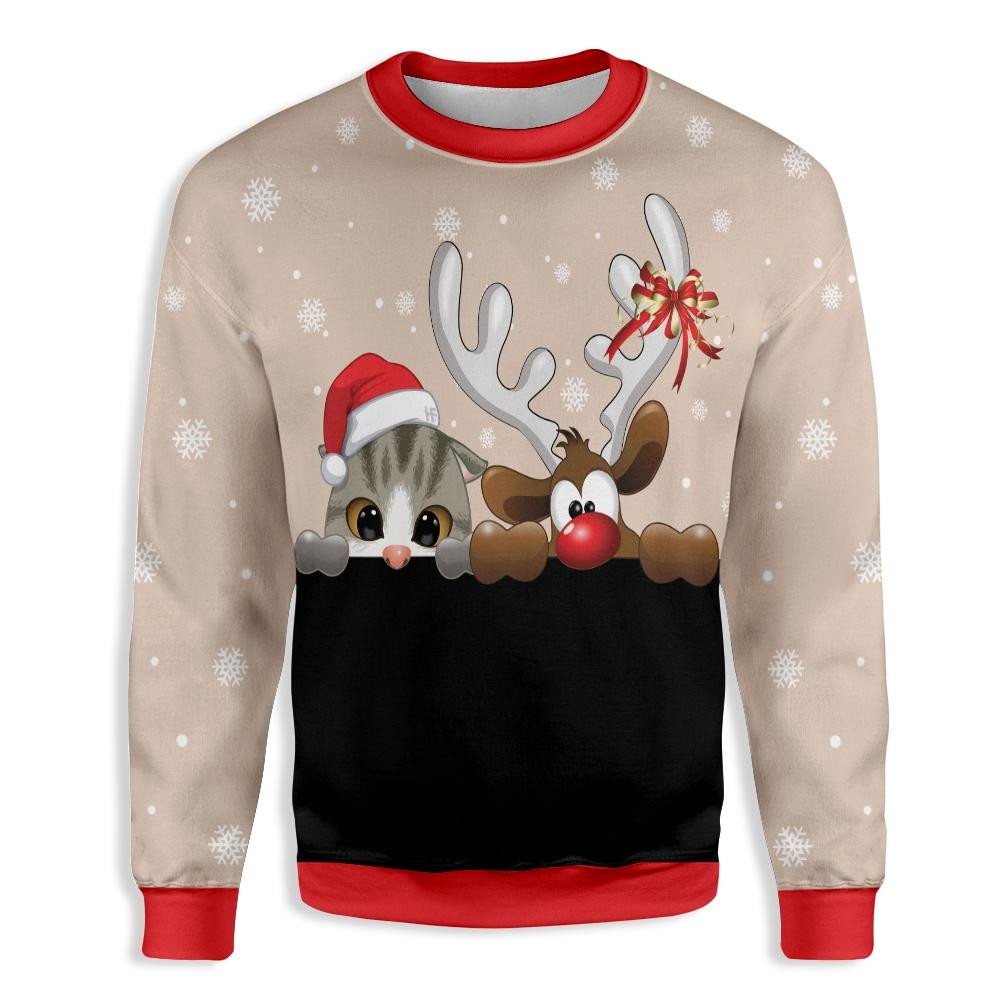 Cat And Reindeer Ugly Christmas Sweater Ugly Sweater For Men Women