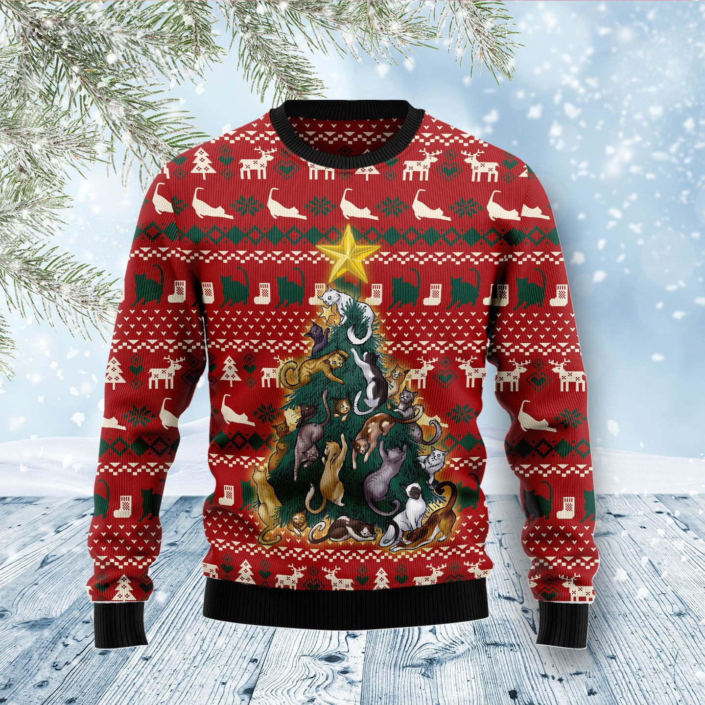 Cat Naughty Pine Ugly Christmas Sweater