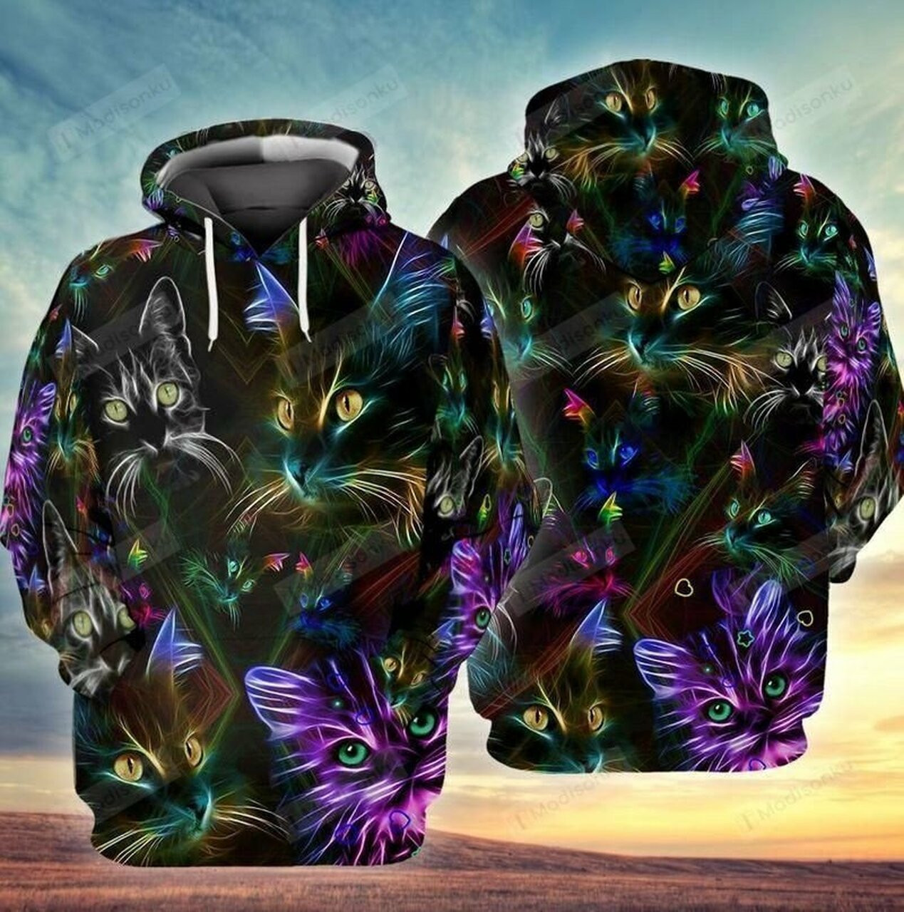 Cat Neon 3d All Over Print Hoodie, Zip-up Hoodie