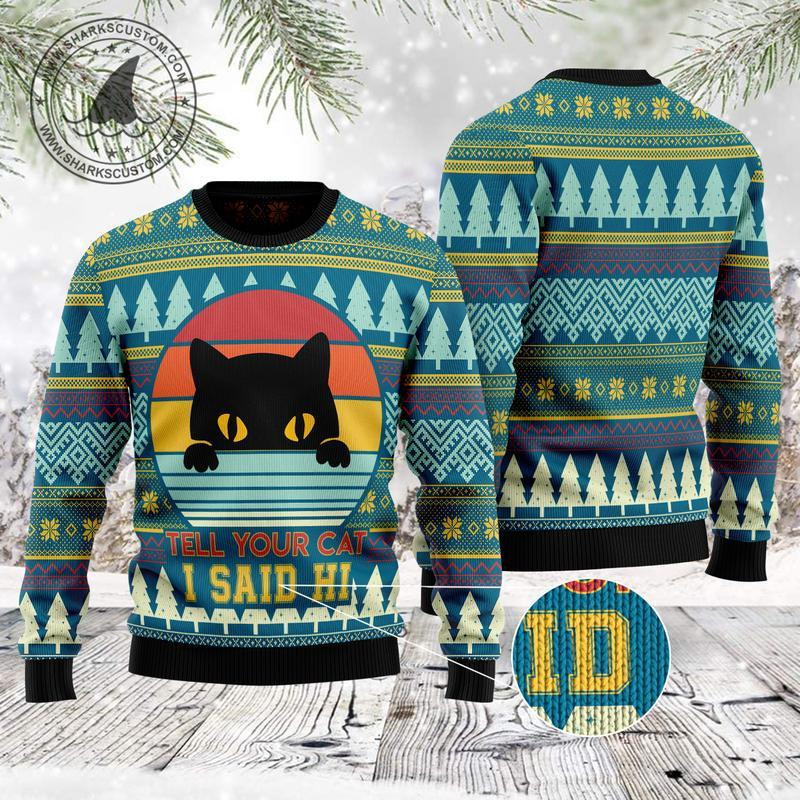 Cat Say Hi Ugly Christmas Sweater Ugly Sweater For Men Women