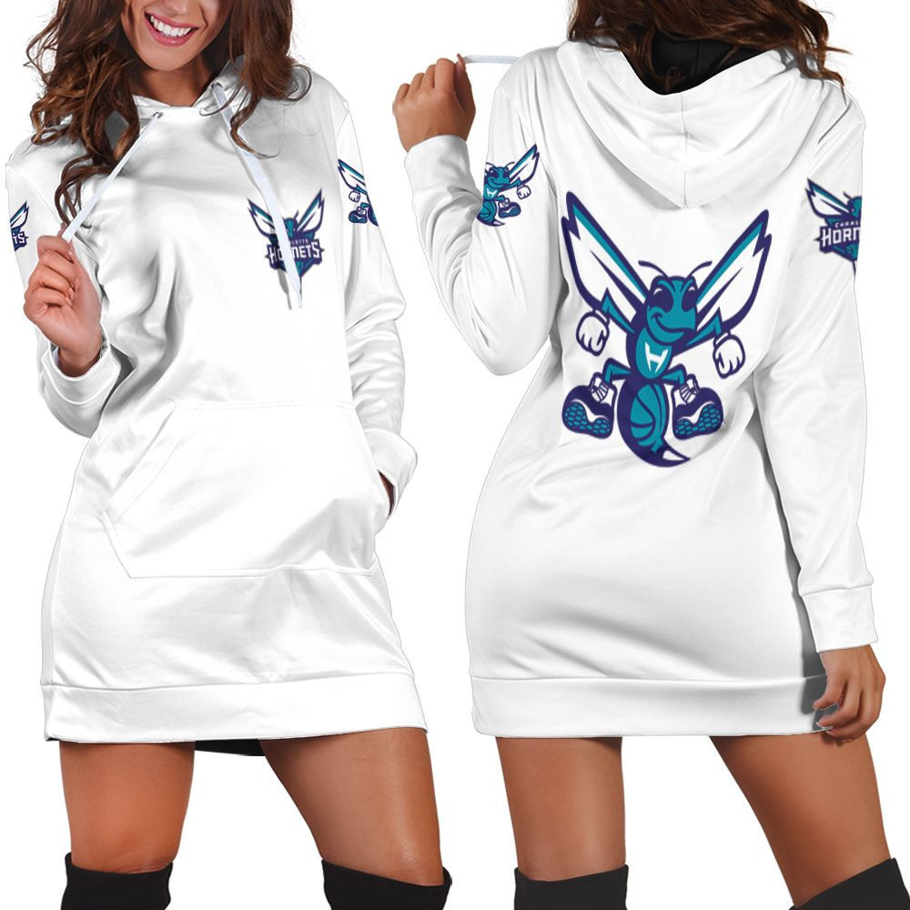 Charlotte Hornets Basketball Classic Mascot Logo Gift For Hornets Fans White Hoodie Dress Sweater Dress Sweatshirt Dress