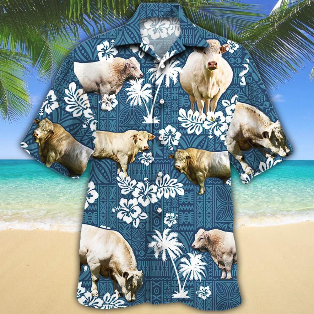 Charolais Cattle Lovers Blue Tribal Aloha Hawaiian Shirt Colorful Short Sleeve Summer Beach Casual Shirt For Men And Women