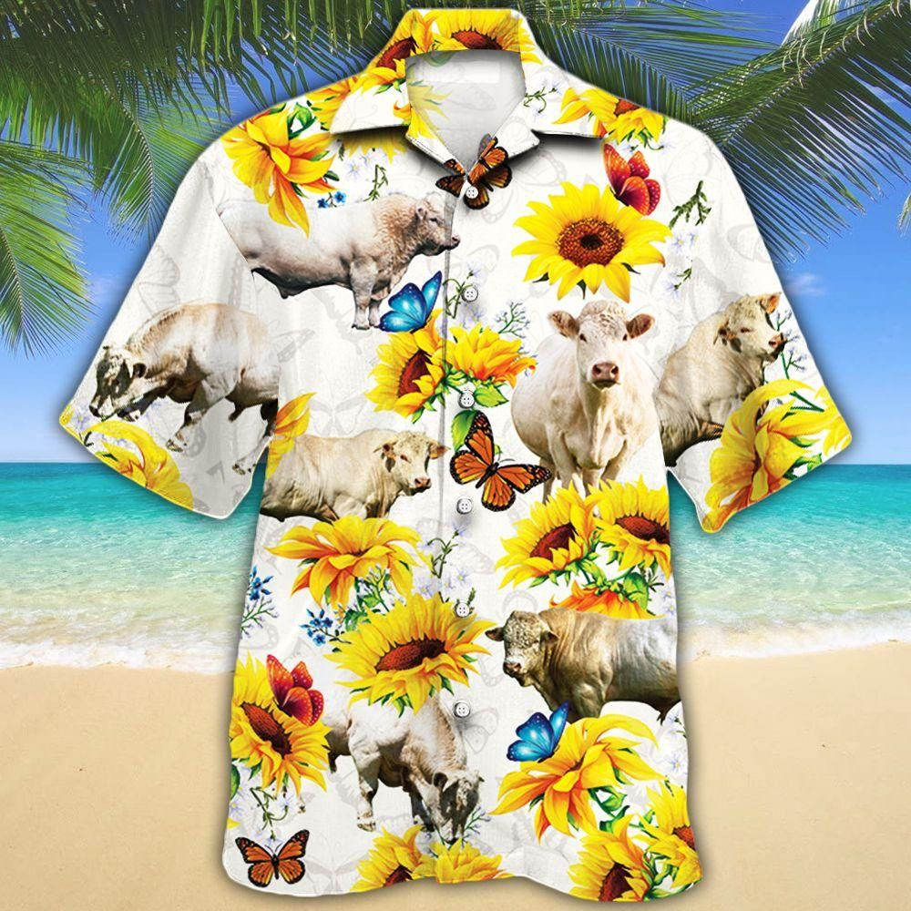 Charolais Cattle Lovers Sun Flower Aloha Hawaiian Shirt Colorful Short Sleeve Summer Beach Casual Shirt For Men And Women