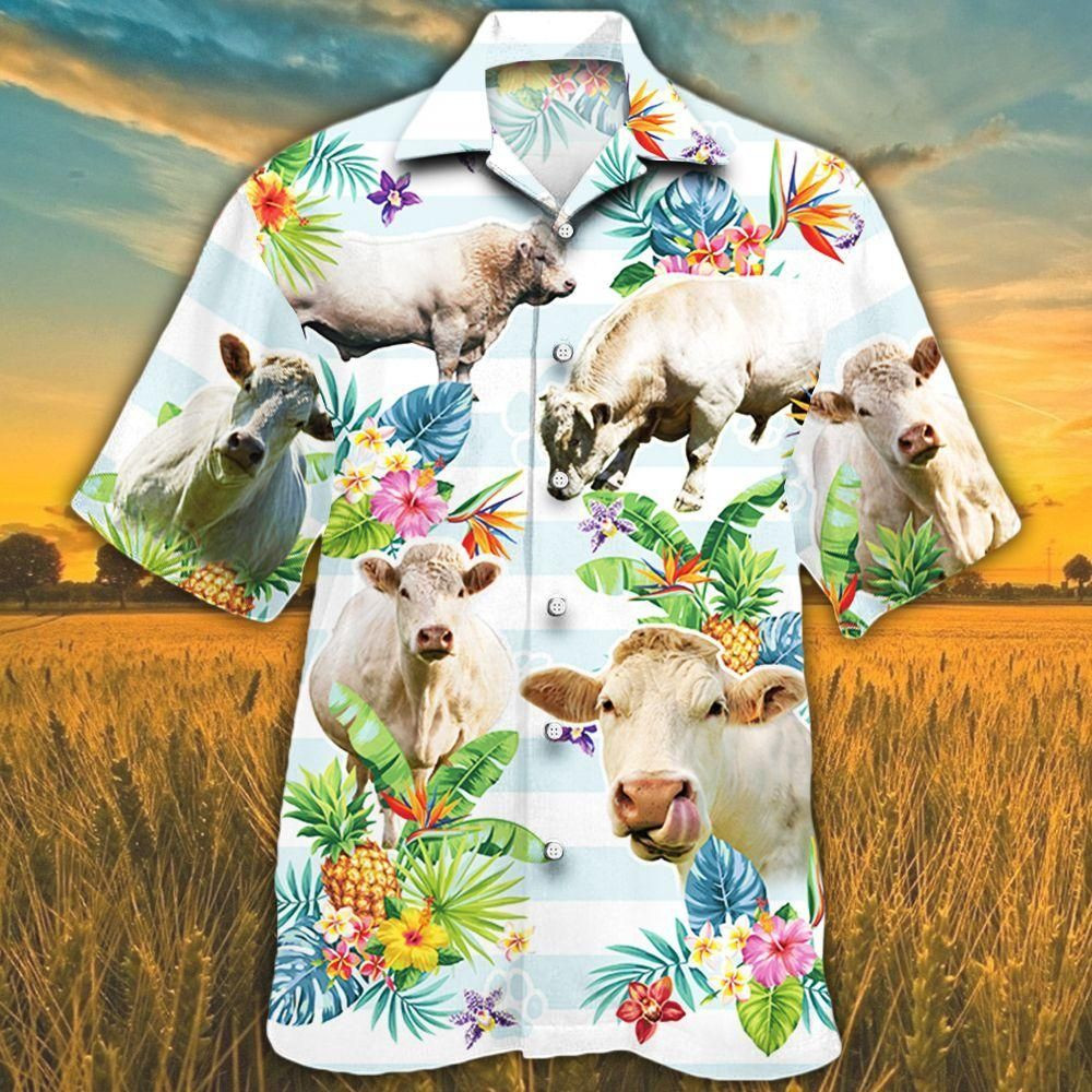 Charolais Cattle Lovers Tropical Flower Aloha Hawaiian Shirt Colorful Short Sleeve Summer Beach Casual Shirt For Men And Women