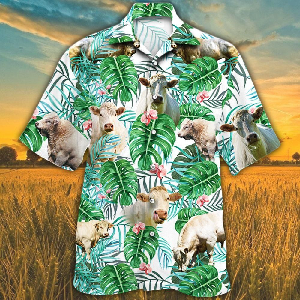 Charolais Cattle Lovers Tropical Plant Aloha Hawaiian Shirt Colorful Short Sleeve Summer Beach Casual Shirt For Men And Women