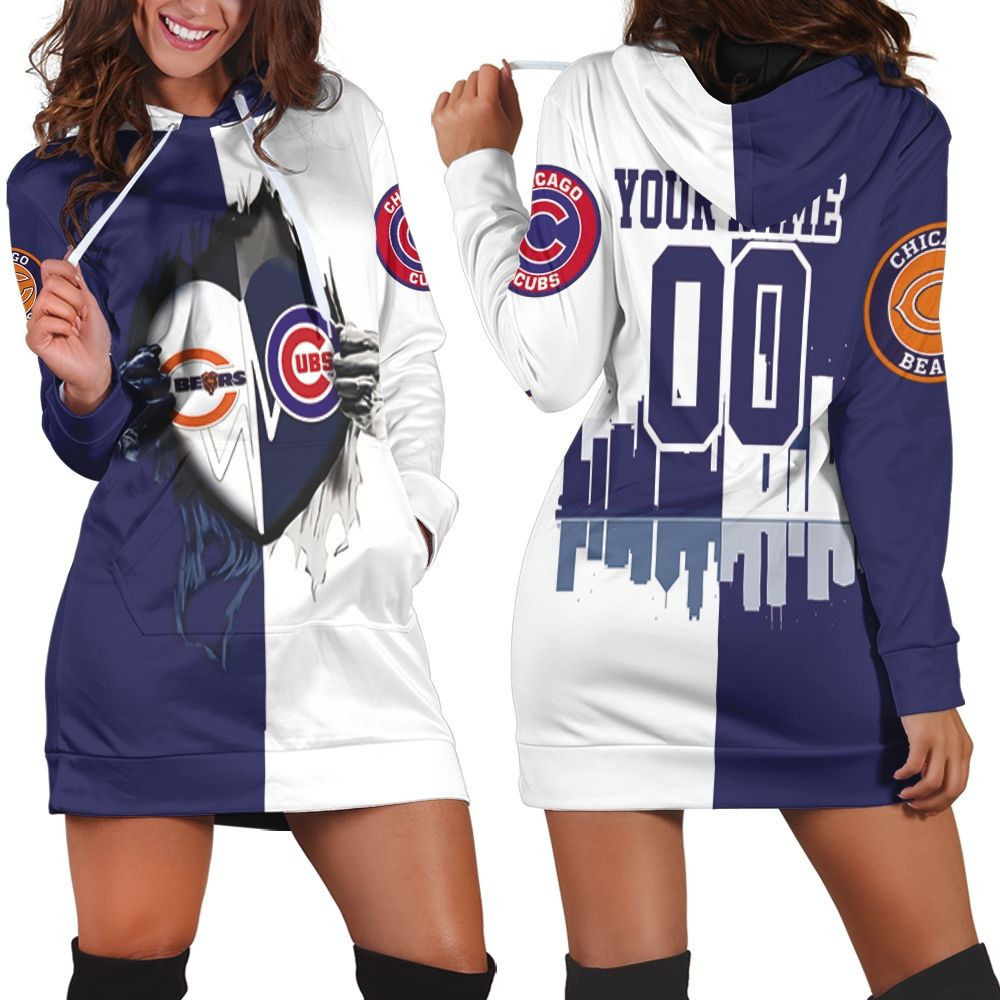 Chicago Bears And Chicago Cubs Heartbeat Love Ripped 3d Hoodie Dress Sweater Dress Sweatshirt Dress