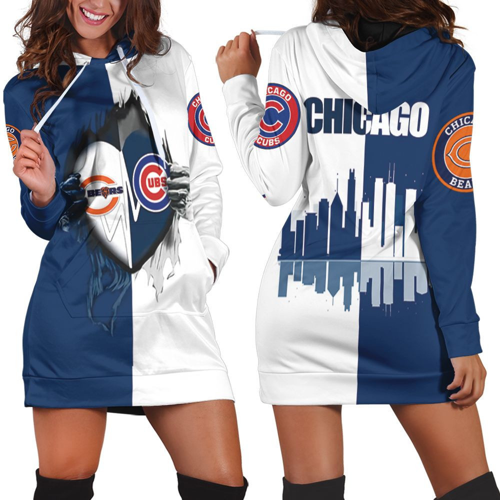 Chicago Bears And Chicago Cubs Heartbeat Love Ripped 3d Hoodie Dress Sweater Dress Sweatshirt Dress