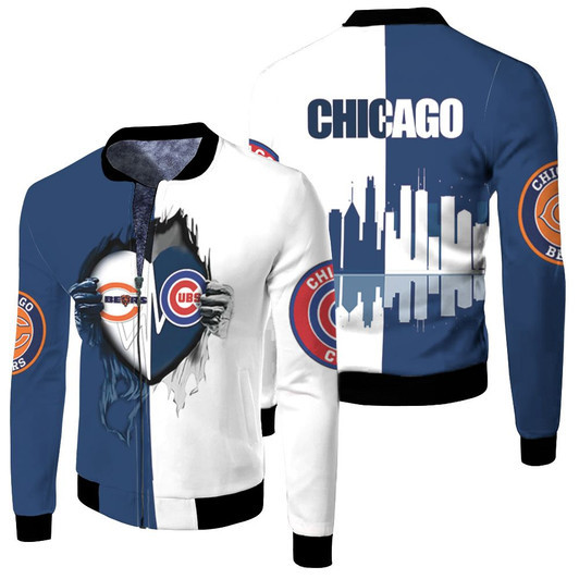 Chicago Bears And Chicago Cubs Heartbeat Love Ripped T Shirt Hoodie Sweater Fleece Bomber Jacket