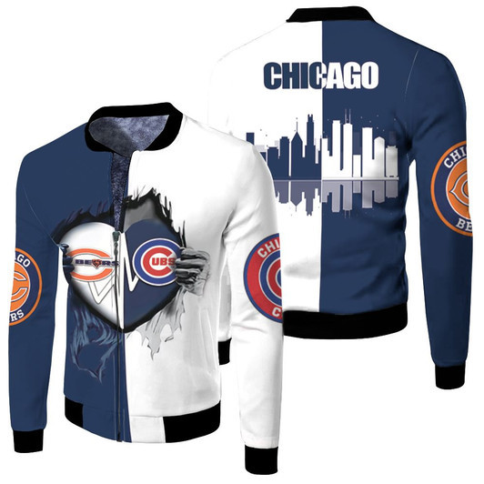 Chicago Bears Chicago Cubs Heartbeat Love Ripped Fleece Bomber Jacket