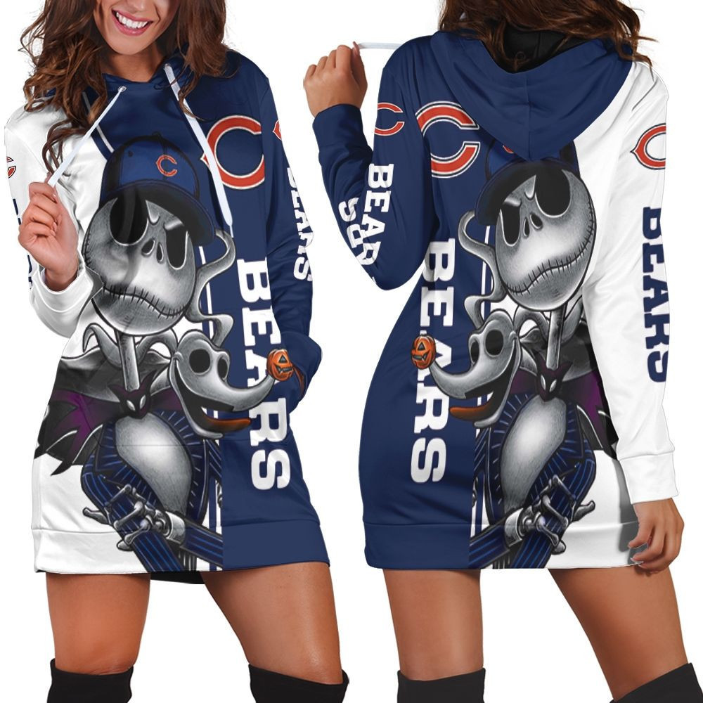 Chicago Bears Jack Skellington And Zero Hoodie Dress Sweater Dress Sweatshirt Dress
