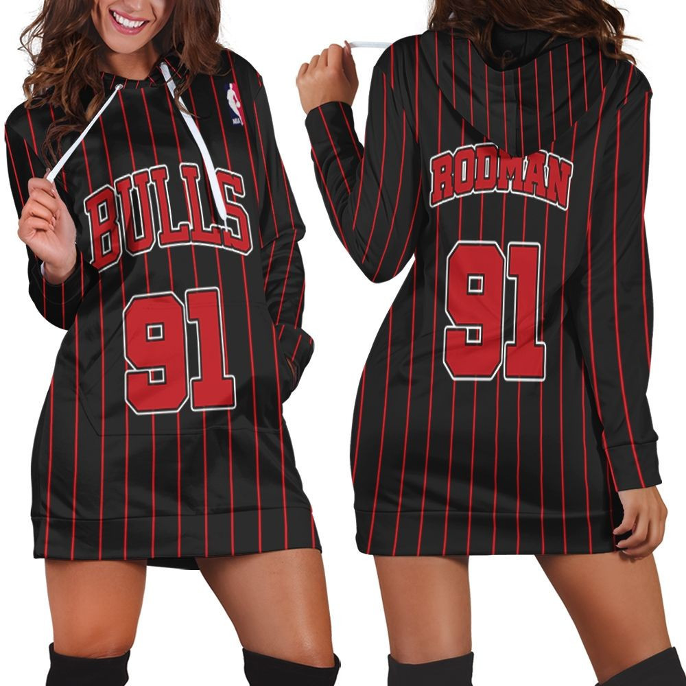 Chicago Bulls Dennis Rodman 91 Nba Great Player Throwback Black Jersey Style Gift For Bulls Fans 1 Hoodie Dress Sweater Dress Sweatshirt Dress